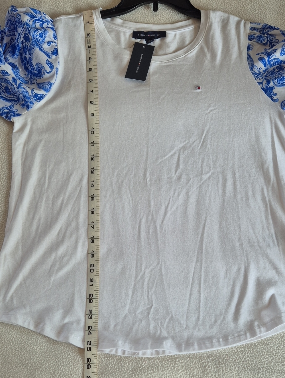 Tommy Hilfiger 100% Cotton White Top with Blue Floral Puff Sleeves - Picture 11 of 11